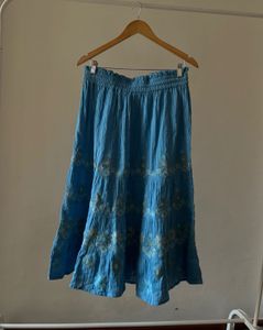 Linen Blue Embroidered A-Line Skirt