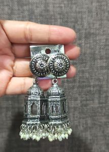 Silver Oxidized Temple Jhumki Earrings