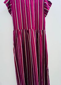 Fit And Flare Midi Striped Cotton Maroon Dress