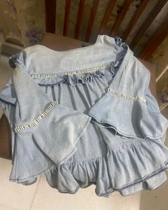 Stylish Blue Ruffle Top with Bell Sleeves