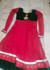 Red &amp; Green Embellished Anarkali Dress