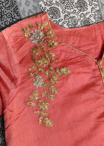 Women Peach Hand Embroidery Chanderi Silk Kurta