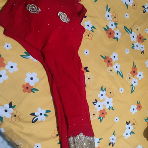 Shiffon bright red partywear saree, golden stone