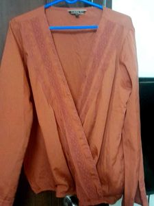 Rust Surplice Neckline Long Sleeve Blouse
