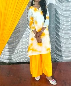 White &amp; Orange Tie Dye Kurti With Plazo