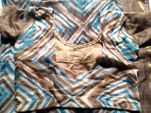 Brown &amp; Teal Geometric Print Saree