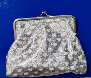 Clutch Pouch- Glitter Silver Base With Baby Pink Hearts And Bow