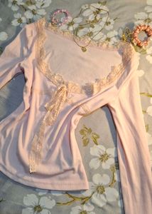 Pink Lace Trim Long Sleeve Top