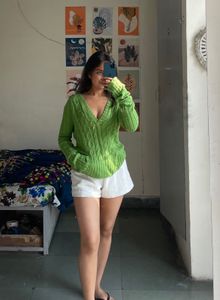 Green V-Neck Knit Sweater