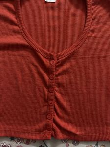Rust Ribbed Button-Down Crop Top