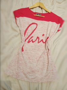 &#34;Paris&#34; Printed Pink &amp; Off White T-shirt, Size - S