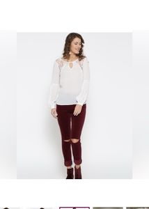 ONLY Women White Solid LaceInsert Top
