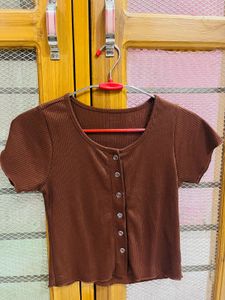 Brown Ribbed Button Top