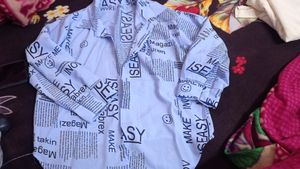 Blue Shirred Text Print Top With Shirt