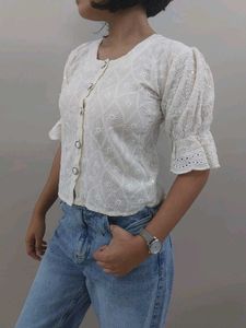 Embroidered Sparkly Puff Sleeve Top