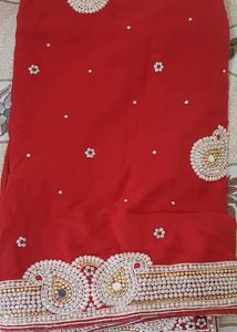 Red Pearl Work Saree
