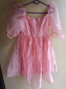 Pink Puff Sleeve Fit And Flare Dress
