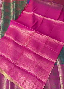 Blue Pink Semi Pattu Saree With Unstitched Blouse