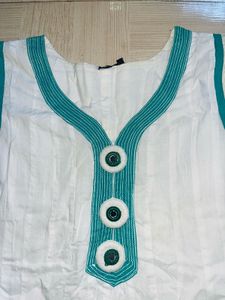 Elegant White &amp; Teal Embroidered Anarkali