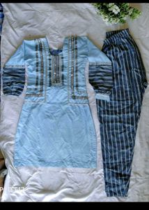 Sky Blue Lace Neck Kurta Set