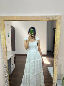 PQ Smocked White Long Maxi With Sequins Detail
