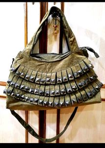 Olive Green Studded Fringe Bag