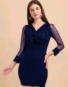 Elegant Navy Dress with Sheer Sleeves