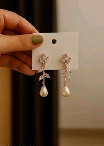 Rose Gold Leaf Design Drop Earrings With Pearl
