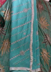 Elegant cyan Saree with Silver Work