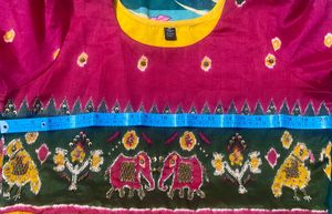 Ikat Print Long Frock With Embroidery Work On Top