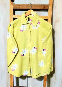 Lemon Colour Cotton Printed Shirt Size-40