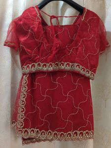 Red Saree with white Diamonds and Stitched Blouse