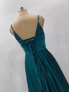 Elegant Teal Satin Gown with Slit