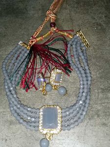 Gray Beaded Necklace and Earrings Set