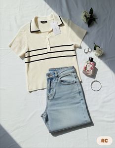 Striped Knit Polo Top