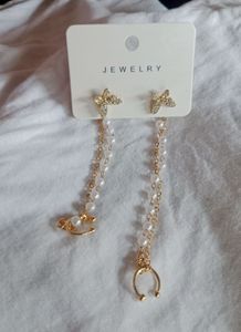 korean pearl stud falling ear cuff earrings