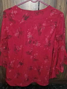 Red Floral Print Ruffle Sleeve Blouse