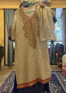 Golden Embroidered Cotton Kurta Set