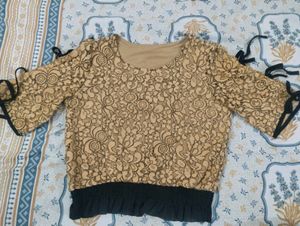 Elegant Lace Tie-Sleeve Top – Golden Beige
