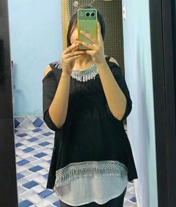 Size M Black And White Cold Shoulder Fringe Top