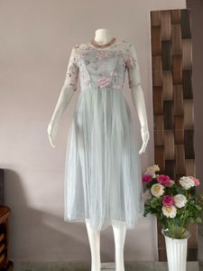 blue lace tulle midi gown