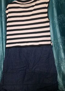 Denim Dress With Black And White Stripes