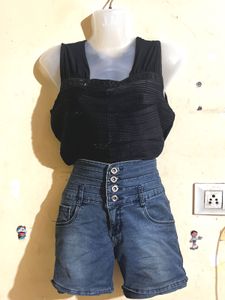 Black Top &amp; Denim Shorts Set