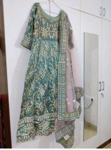 Full Embroidery Sea Green Gown With Pink Dupatta