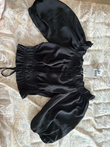Black Off-Shoulder Puff Sleeve Bardot Top