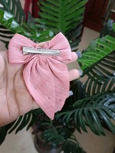 Pink Corduroy Pearl Hair Bow