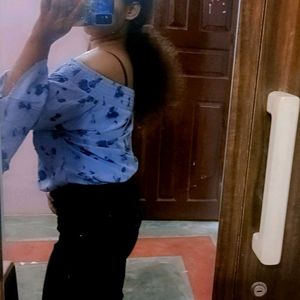 Off Shoulder Blue Top &amp; Skinny Black Jeans Set
