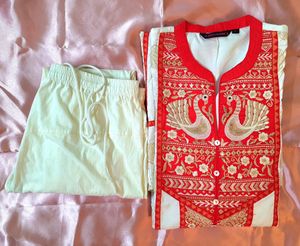NEW OFF WHITE &amp; RED COMBINATION KURTI WITH LAGGING