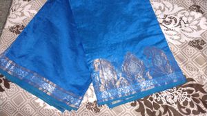 Blue Cotton Silk Saree with Silver Detail