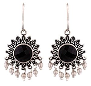 Silver Tone Black Stone Drop Earrings